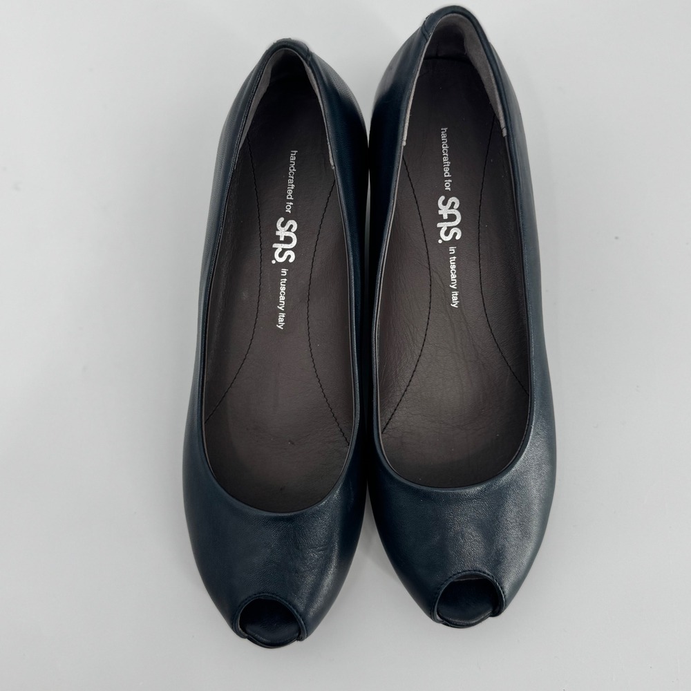 SAS Scarlett Peep Toe‎ Wedge Pump Blue Leather Women's 8 Wide Made in Italy - Picture 12 of 14